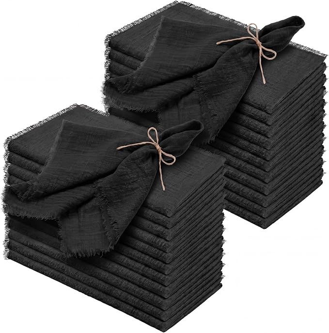 Preboun 24 Pcs Fringe Napkins Bulk Cloth Cotton Soft 17 x 17 Inch Rustic Reusable Washable Festive Square Table Napkins with Fringe for Parties Wedding Restaurant Table Accessory(Black)