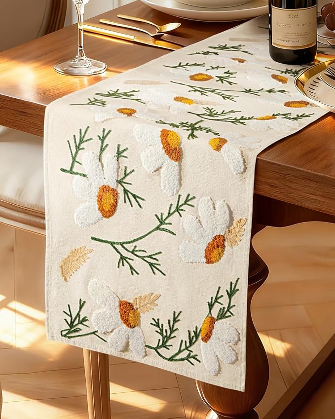 Canvas Embroidered Table Runner - 13"x 108" Coffee Table Runner for Living Room Boho Tablerunner for Dining Room Washable Neutral Kitchen Island Counter Decor Housewarming Gift, Beige Daisy