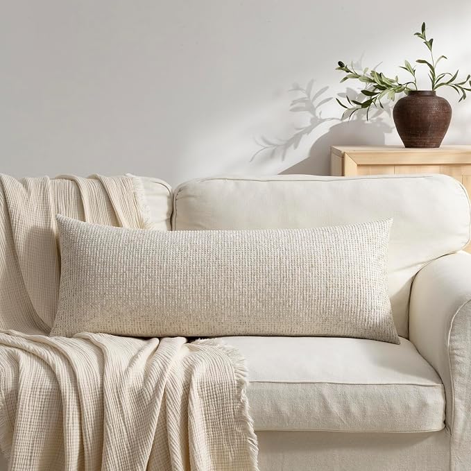 Pack of 1 Neutral Lumbar Pillow Covers 14x36 Boho Textured Dots Stripe Chenille Rectangular Long Decorative Body Pillow Cases Accents for Living Room Couch Bed Farmhouse Home Decor, Cream