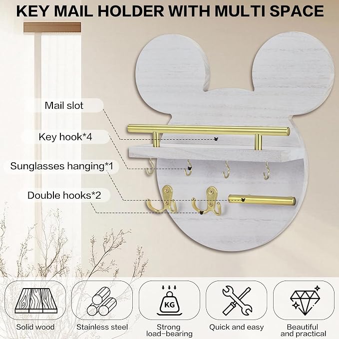 AIRPOP Key Holder for Wall–Mouse Wooden Mail Organizer Wall Mount with Shelf and 6 Hooks, Easy Installation Key Rack Hanger for Entryway Living Room Home Decor(White)