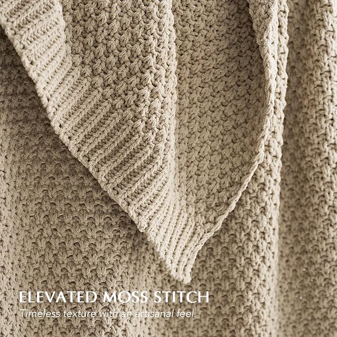 EVERGRACEHOME Chunky Chenille Knit Throw Blanket for Couch, Soft Luxurious Oversized Queen Moss Stitch Blanket for Bed, Cozy Farmhouse Knitted Throw for Sofa, Sand Dune, 90" x 90"