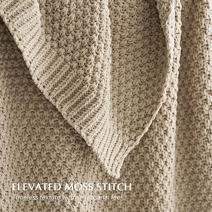 EVERGRACEHOME Chunky Chenille Knit Throw Blanket for Couch, Soft Luxurious Moss Stitch Blankets for Bed, Cozy Decorative Farmhouse Knitted Throws for Sofa, Sand Dune, 60" x 80"