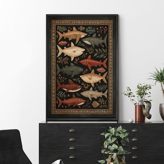 MUDECOR Framed Canvas Print Wall Art Vintage Folk Style Shark Pattern Illustrations Minimalism Decorative Bohemian Colorful Zen for Living Room, Bedroom, Office - 16"x24" NATURAL