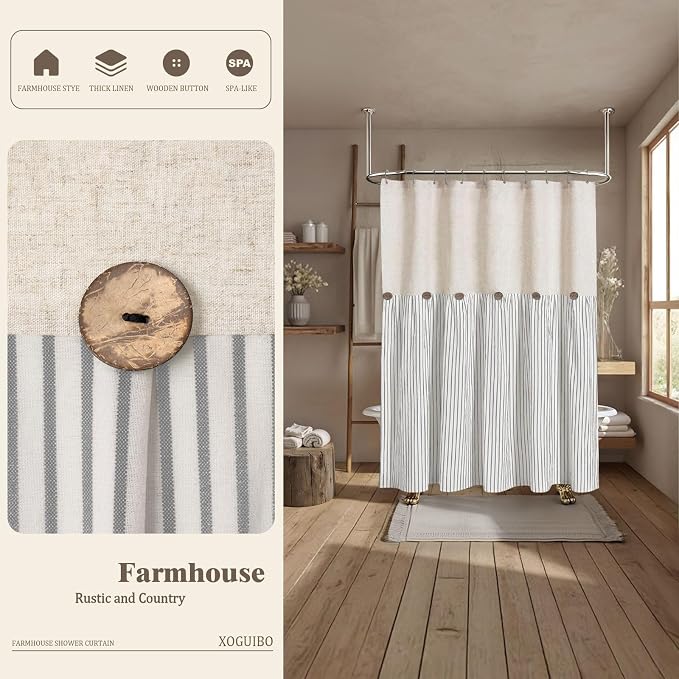 Farmhouse Shower Curtain Linen Button Woven Fabric Country Rustic Western, Pleated Grey Stripe 72" W x 72" L