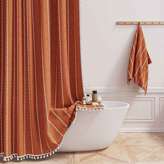 BTTN Boho Farmhouse Shower Curtain - Linen Rustic Heavy Duty Striped Fabric Shower Curtain Set with Tassel, Bohemian Vintage Country Cloth Shower Curtains for Bathroom，Orange，72"W x 78"L (Pack of 1)