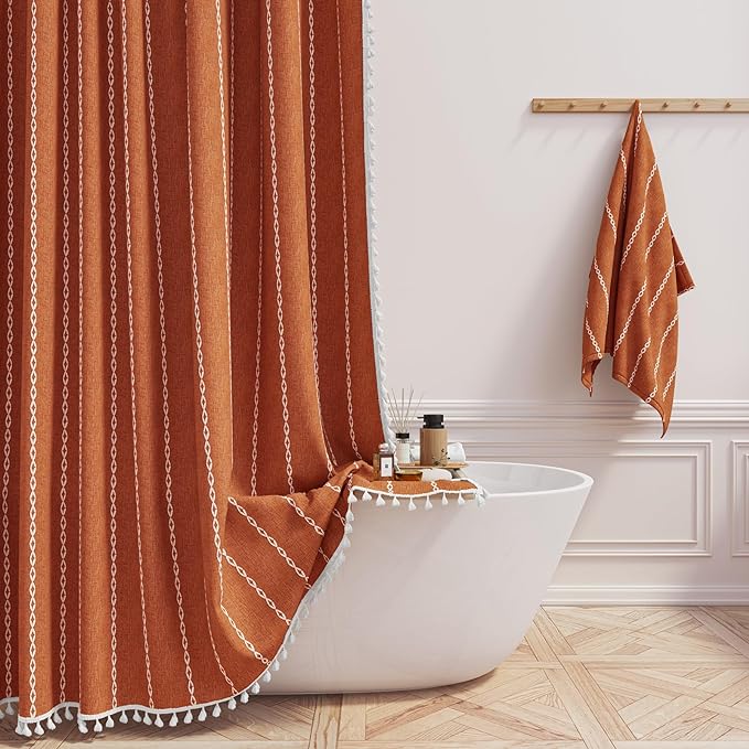 BTTN Boho Shower Stall Curtain - 36x72 Narrow Linen Ultra Thick Striped Tassel Fabric Shower Curtain Set with 6 Hook, Half Modern Farmhouse Cottage Weighted Shower Curtains for Bathroom - Burnt Orange