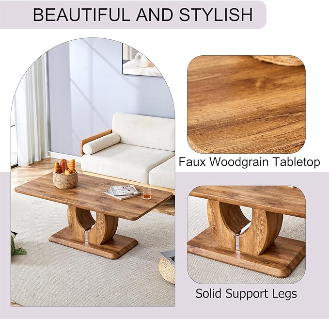 LKTART Rectangle Coffee Table for Living Room, Imitation Marble Coffee Tables with Storage, Modern Stable Base Center Tea Table for Dining Room Small Space Apartment (47''L×25.6''W-Brown)