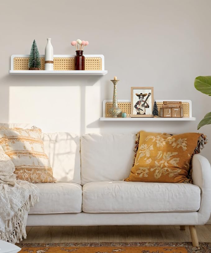 Rattan Wall Shelf 24inch Set of 2, Handmade White Floating Shelves Boho Wall Decor, Rustic Wood Wall Mounted Storage Shelves for Living Room Nursery Bedroom