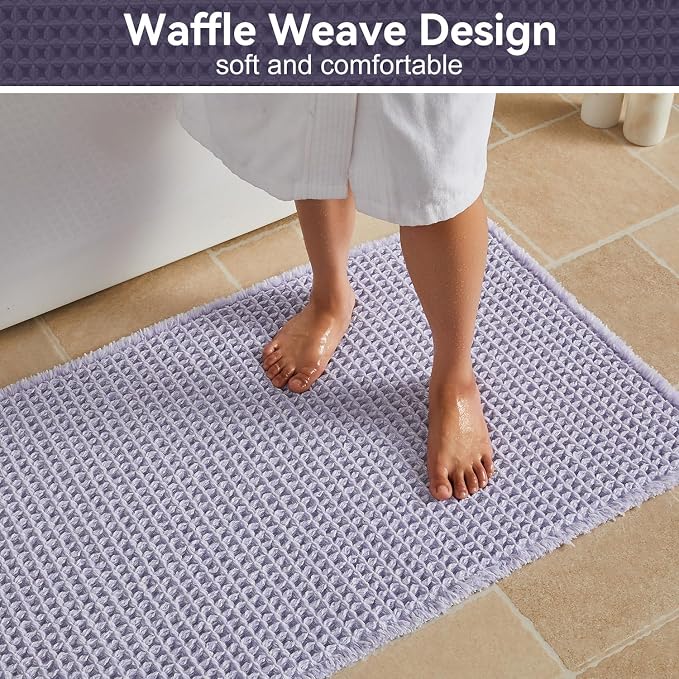 Triohero Waffle Bath Mat, Boho Bathroom Rugs Non Slip Washable, Ultra Soft Super Absorbent Quick Dry Farmhouse Bathroom Decor, 20" x 30", Lavender Cream
