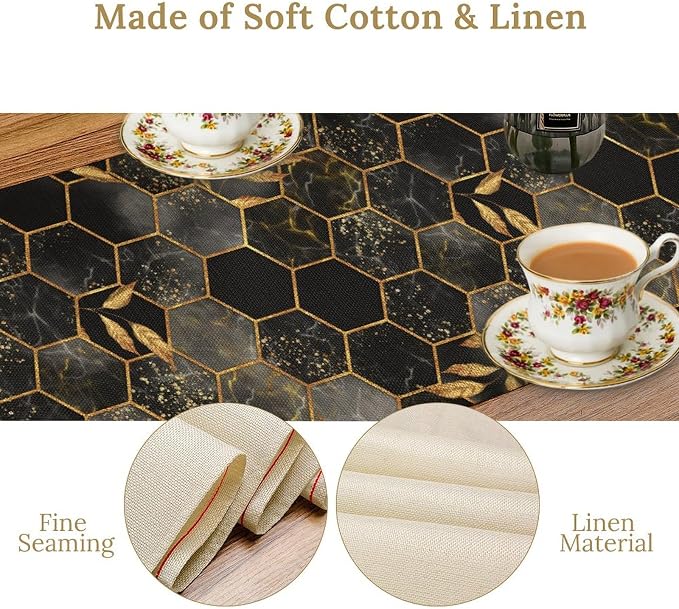 Marble Table Runner,Black Golden Marble Texture Abstract Art Pattern Table Runner for Coffee Table Dining Room Table Bedroom Party Holiday Decor 13x108inch