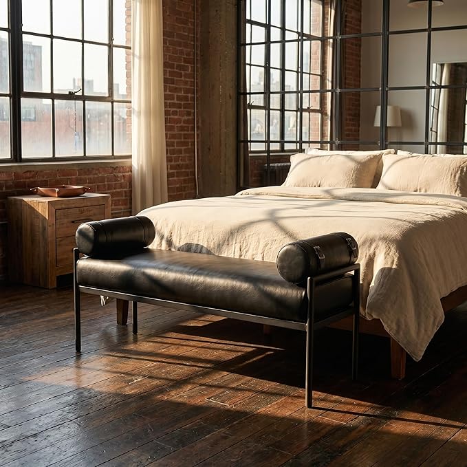 LukeAlon Modern 55" End of Bed Bench Long King Upholstered PU Leather Ottoman Bench with Arms & Detachable Strappy Pillows for Bedroom Entryway Window Bench with Black Metal Legs, Black