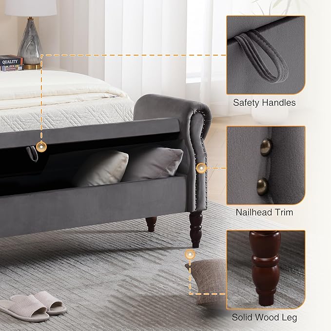 Storage Bench for Bedroom, 67" End of Bed Bench King Size, Velvet Bedroom Bench with Storage, Upholstered Tufted Storage Ottoman Benches with Arms for Living Room, Entryway, Dark Grey