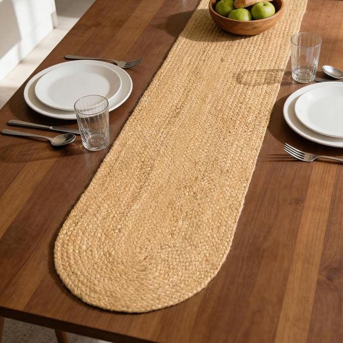 Encasa XO Dining Table Runner | Jute Handmade Style | Size 12x54 in | Jute Natural Bleach Color | for Coffee & Center Table