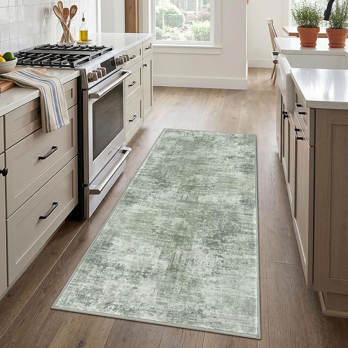 IOHOUZE Abstract Runner Rug 3x6 Ft Washable Runners for Hallways, Non Slip Kitchen Runner Printed Faux Wool Entryway Runner Indoor, Modern Abstract Floor Carpet for Hall Kitchen Bedroom, Sage Green