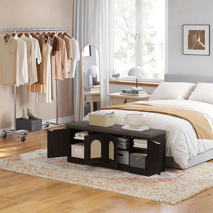 DINZI LVJ Shoe Bench, Boho Entryway Bench with Rattan-Like Doors, Cushion, Adjustable Shelves, 2-Tier Shoe Rack with seat, 47.2”L x 13.8”W Shoe Organizer Cabinet for Hallway, Bedroom, Espresso Rattan
