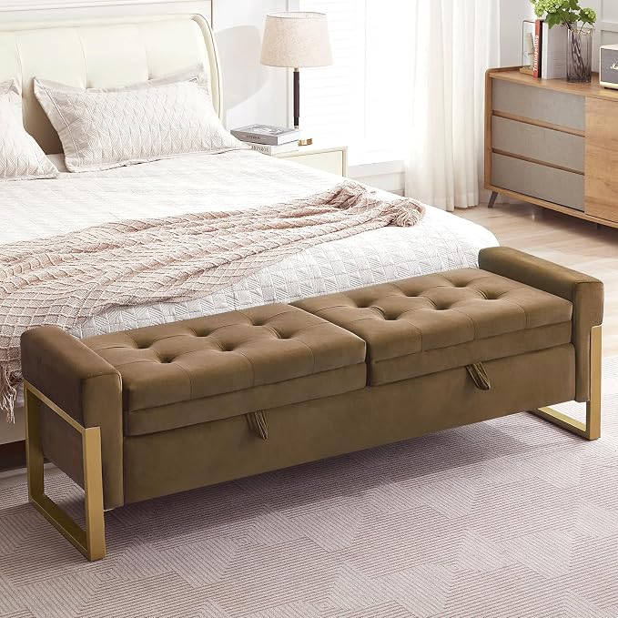 67" End of Bed Bench King Size, Velvet Storage Bench for Bedroom Foot of Bed, Double Lids Storage Bench with Golden Legs, Upholstered Ottoman Bench for Living Room Window Entryway, Brown