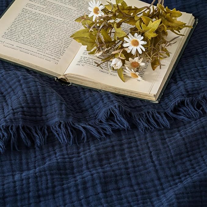 Esterra Muslin Throw Blanket 50x65 Inches Cozy Soft Lightweight Pre-Washed Cotton Blanket, All Season Breathable 4-Layer Gauze Blanket Throw for Sofa Couch Bed, Navy Blue
