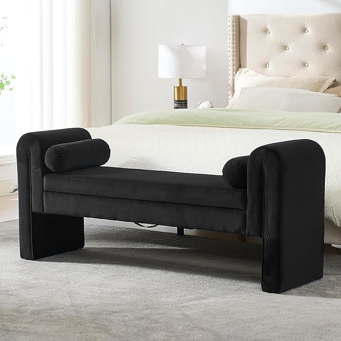 Velvet Bench for Bedroom End of Bed, 60.5- inch Upholstered Button Tufted Ottoman Bench with Rolled Arms, Button-Tufted Ottoman for Living Room, Entryway (Black)
