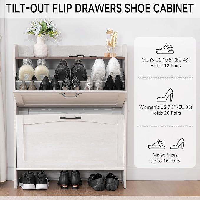 Narrow Shoes Storage Cabinet, Entryway Storage with 2 Flip Drawers, Farmhouse Shoe Organizer with Removable Shelves, Anti-Drop Top Fence, 40.4H x 31.4W (Warm White Grayish)