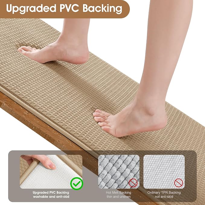 ACCUMTEK Memory Foam Bath Mat, Ultra Soft Absorbent Waffle Bathroom Rugs, Super Non-Slip PVC Backing Bath Rug Quick Dry, Machine Washable Rug for Tub, Shower, Home Decor Accessory, 60" x 24", Beige