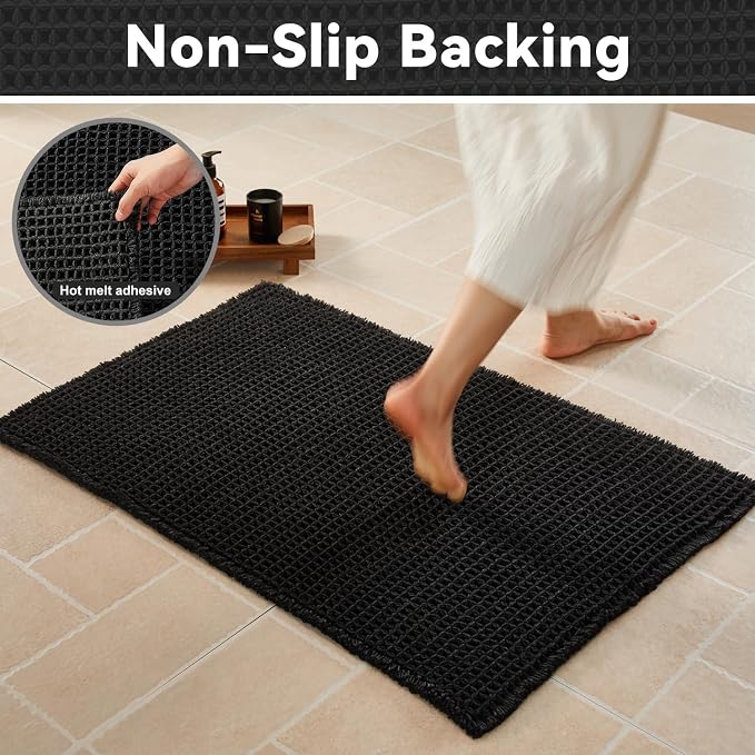 Triohero Waffle Bath Mat, Boho Bathroom Rugs Non Slip Washable, Ultra Soft Super Absorbent Quick Dry Farmhouse Bathroom Decor, 24" x 48", Black