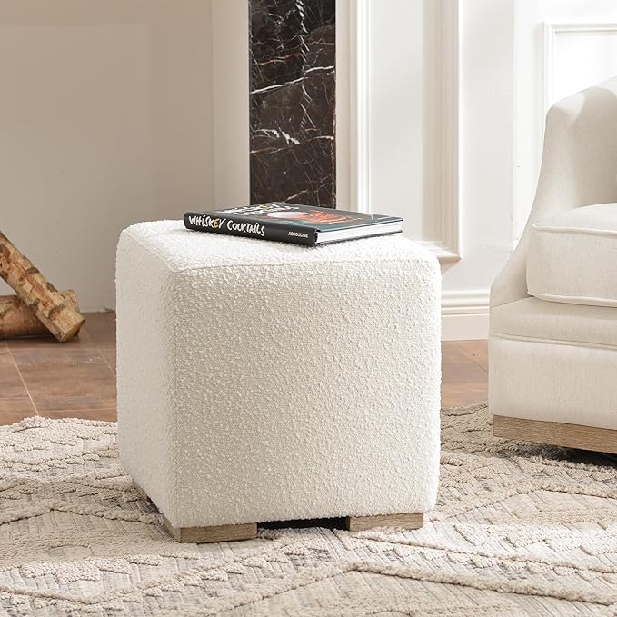 KINWELL 18.5" Wide Modern Square Boucle Upholstered Ottoman with Solid Wood Legs, Cube Ottoman Multi-Functional Sofa Footrest, Extra Seating for Living Room, Bedroom, Fully Assembled (White)