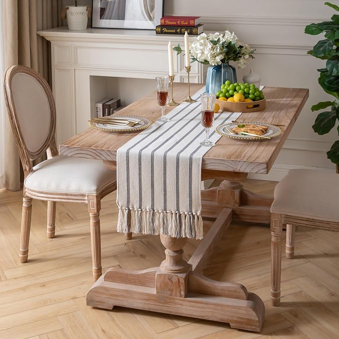 Caflife Boho Table Runner 90 Inchs Long Grey and Beige, Cotton and Linen Woven with Tassels, for Modern Rustic Farmhouse Neutral Table Runners, Bohemian Kitchen Dining Table Home Decor