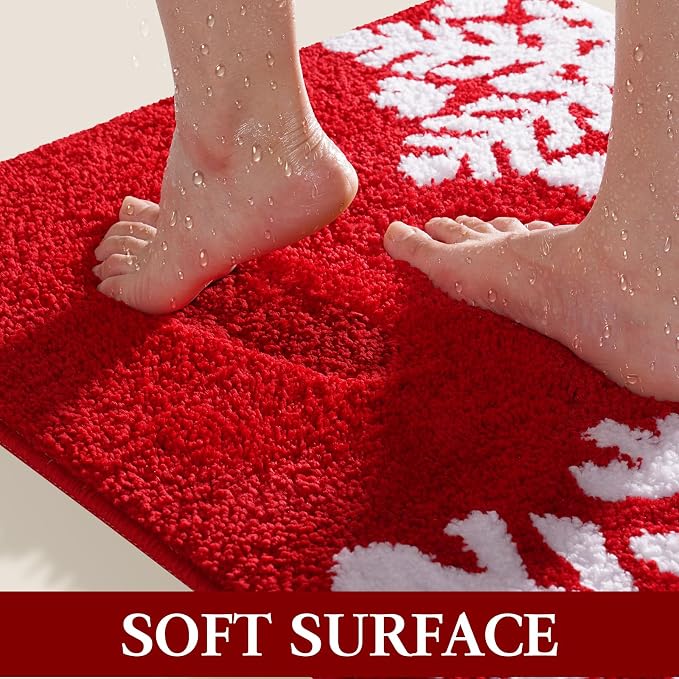 ACCUMTEK Upgraded Waffle Bath Mat，Super Absorbent Non-Slip Quick Dry Bathroom Rugs with Tassels,30"x20",Red-Snow,Red-Xmas Snowflakes