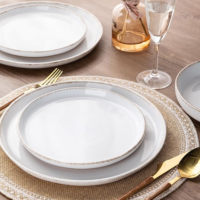 AmorArc Dinnerware Sets for 6, 24 Pieces Plates and Bowls Set with24 Handbrush Rim, Scratch Resistant Stoneware Dishes Set, Dishwasher & Microwave Safe, White