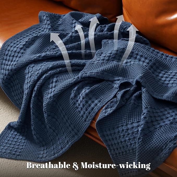 PHF 100% Cotton Waffle Weave Blanket Queen Size for Bed, Soft Lightweight & Breathable for Spring and Summer, All-Season Comfort, Luxury Aesthetic Blanket for Home Decor, 90"x90", Blue Sapphire