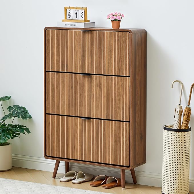 FurSch Fluted 47 Inch Tall Shoe Cabinet with 3 Flip Drawers, Narrow Hidden Shoe Storage Organizer Rack for Entryway Hallway (All Walnut)