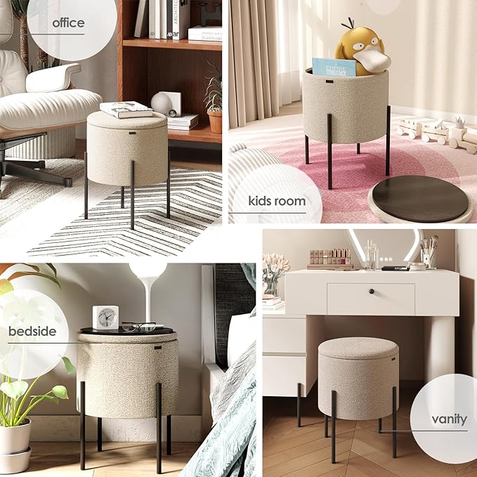 Round Ottoman with Storage, Boucle Storage Foot Stool, Makeup Vanity Stool, Small Ottoman Foot Rest, Modern Ottomans for Living Room and Bedroom, Beige