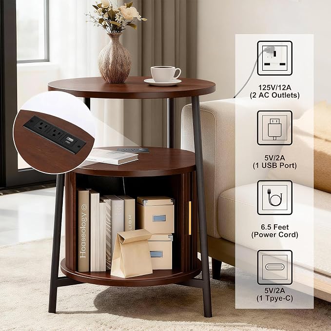 DHH Round End Tables Set of 2 & Charging Station, Fluted Accent Side Table with Sliding Door, Mid-Century Modern Nightstand set of 2 for Small Space Storage, Living Room, Bedroom,Sofa Couch(2, Walnut)