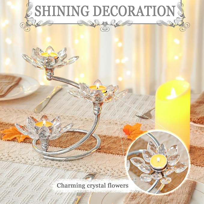 Crystal 3-Arm Flower Shaped Candle Holder, Metal Votive Tea Light Candle Holders for Table Centerpiece, Home Wedding Party Anniversary Decor (Silver, 6 Pcs-3 Arm)