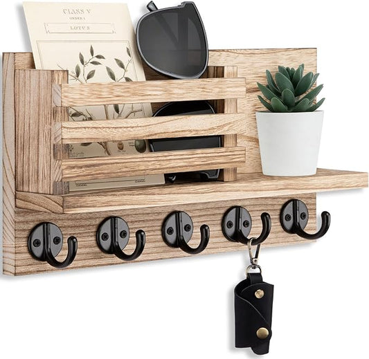 Lwenki Key Holder for Wall – Decorative Wooden Mail Holder and Key Shelf with Mounting Hardware, Installation Guide – Paulownia Wood with Metal Key Hooks (Wood, Large - 11.8inch)