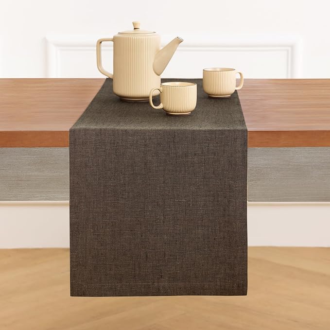 Solino Home Linen Chambray Brown Table Runner 144 Inches Long - Athena, 100% Pure Linen Dining Table Runner 14 x 144 Inch - Handcrafted and Machine Washable
