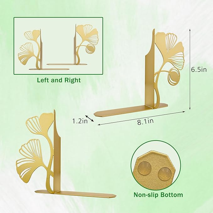 Gold Bookends – Unique Decorative Book Ends with Ginkgo Leaf Design, Cute Bookends for Shelves, Desks, or Libraries for Book Lovers