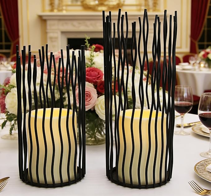 8 & 10inches Height Versatile Farmhouse Black Metal Iron Wire Willow Candle Holders with Led Waterproof Candles, Cage Candlestick Holders for Pillar Candle & Plants, Home Décor (Black)