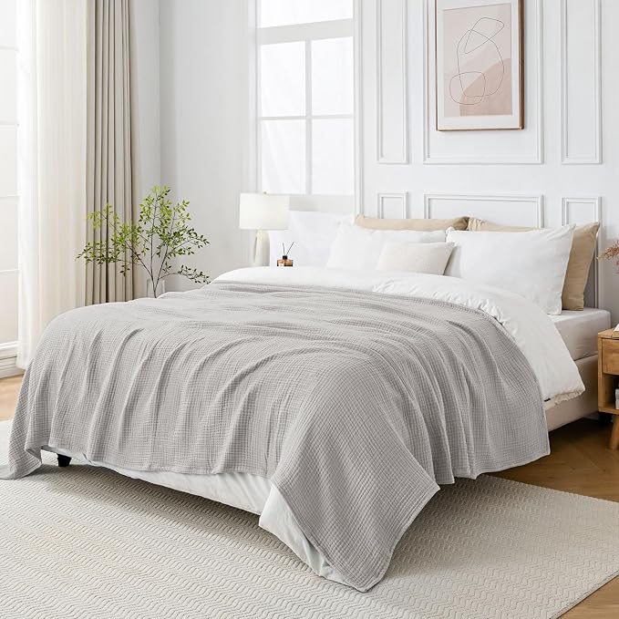 Esterra Muslin Blanket Queen Size Cozy Soft Lightweight Pre-Washed Cotton Blanket, All Season Breathable 4-Layer Gauze Blanket Throw for Couch Bed, Gray Violet, 90x90 Inches