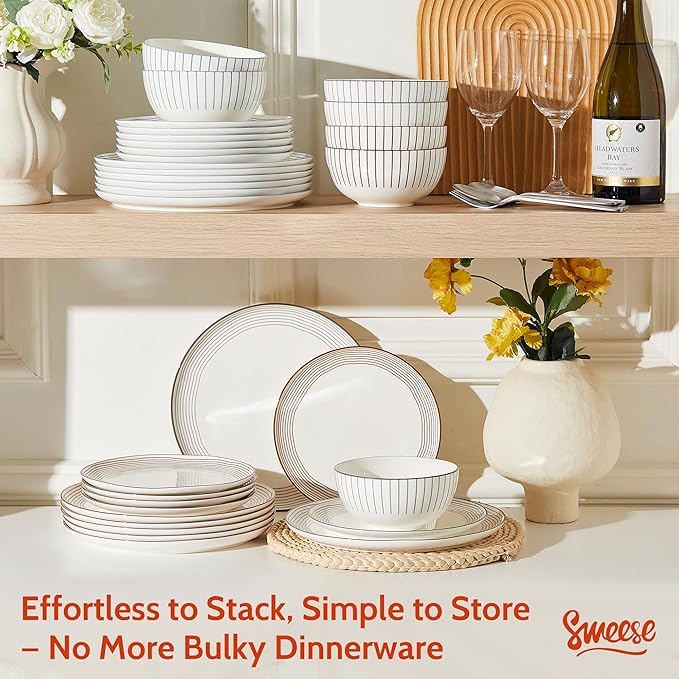 Sweese Lightweight Dinnerware Sets, Plates and Bowls Set for 6, 18 Pieces Stripe Dishes - Chip and Scratch Resistant, Microwave and Dishwasher Safe Porcelain Dinner Sets, Gray