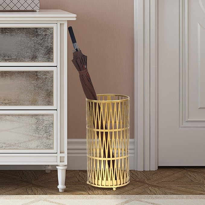 Joveco Umbrella Racks- Gold Metal Round Umbrella Stand Holder with Drip Tray for Home Entryway- Free Standing Holders for Canes Walking sticks and Hiking Poles (Gold Chevron)