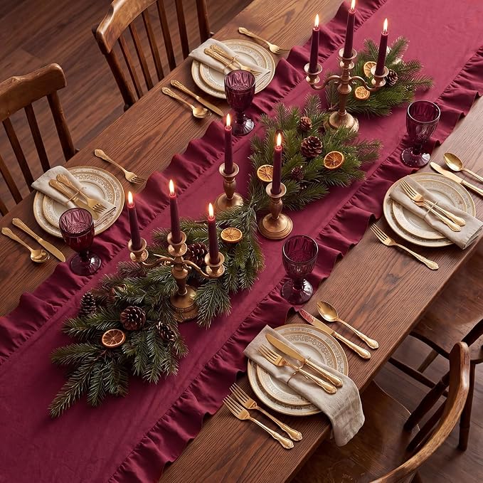 Burgundy Ruffled Table Runner 72 Inches Long Scalloped Table Runner Rustic Cotton Tabletop Farmhouse Decor for Christmas Bride Shower Birthday Party Holiday Wedding(Solid Color)