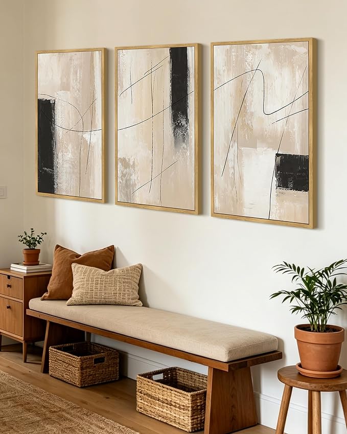 KUVIOKE Abstract Framed Wall Art Minimalist Beige Pastel Watercolor Neutral Wall Decor Modern Black Line Art Painting for Bedroom Dining Room 24x36in (Natural Framed)