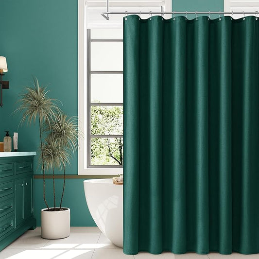 Naturoom Dark Green Linen Shower Curtain, Country Boho Farmhouse Bath Decor Shower Curtains Neutral Cloth Weighted Textured Fabric Bath Curtain Liner with Hooks, 72x96