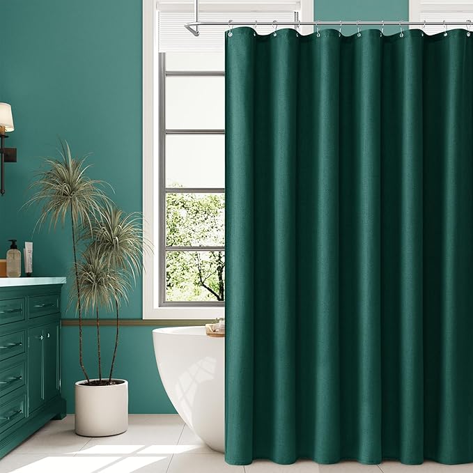 Naturoom Dark Green Linen Shower Curtain, Country Boho Farmhouse Bath Decor Shower Curtains Neutral Cloth Weighted Textured Fabric Bath Curtain Liner with Hooks, 72x72