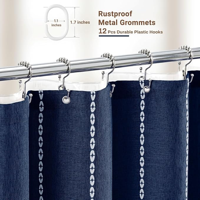 BTTN 3 in 1 Shower Curtain with Liner, 96 Extra Long Boho Linen Striped Cloth Shower Curtain Set with Hook, Tall Farmhouse Bohemian Waterproof Fabric Shower Curtain for Bathroom, Navy Blue, 72x96