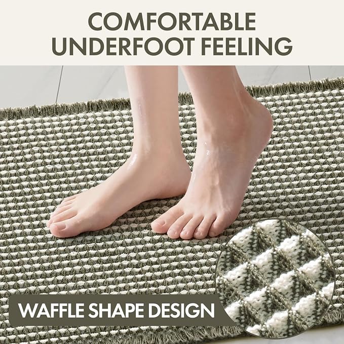 MIULEE Waffle Bathroom Runner Rugs, Super Absorbent Non Slip Bath Rug, Soft Quick Dry Washable Boho Large Bath Mat with Tassels for Hallway Laundry Room Bedroom, 2'x5' (24"x60"), Green & Cream
