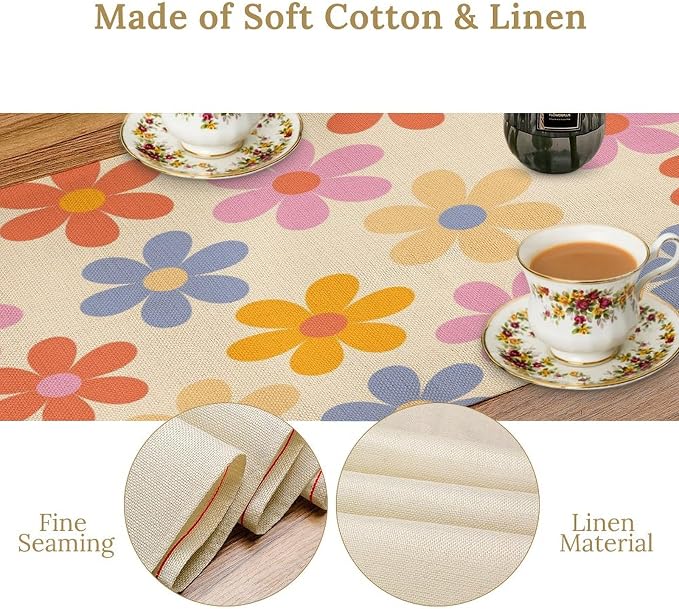 Retro Florals Table Runner Vintage Gardern Flower Hippie Groovy Seasonal Spring Farmhouse Country Dinner Runner for Home Kitchen Dining Table Party Holiday Decor 13"x120"