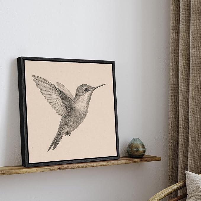 SIGNFORD Framed Canvas Print Wall Art Hummingbird Vintage Sketch Modern Art Relax/Calm Warm for Living Room, Bedroom, Office - 16"x16" BLACK