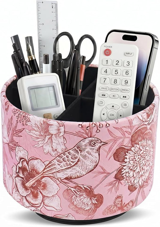 Round Leather Art Supply Organizer,Remote Control Holder,360 Degree Spinning,Multi-Functional Pencil Holder,4 Compartments Desktop Stationary Organizer(1-Pink Bird)